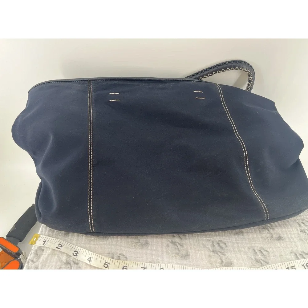 Donald J Pliner navy blue Nylon Leather Tote Braided‎ Handles